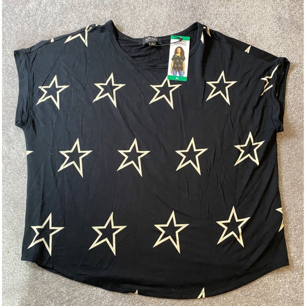 NWT Buffalo David Bitton Black Star Print French Terry Short Sleeve Top XL Soft